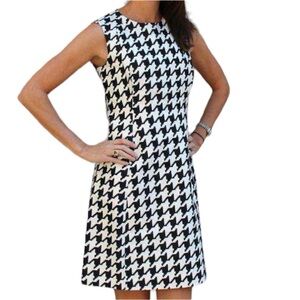 Alyx Size 16 Black & White Houndstooth Sheath Dress Sleeveless V-Neck Zip Back